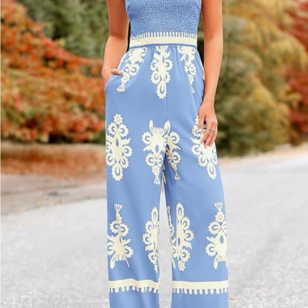 Cream and Blue Ornate Pattern Jumpsuit - Picture 2 of 6